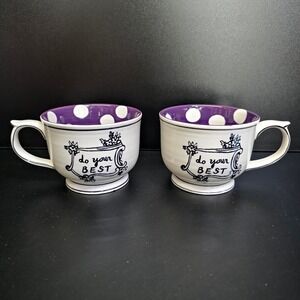 Molly Hatch Mugs Set of 2 White Purple Do Your Best Polka Dot Ceramic 14oz Cup